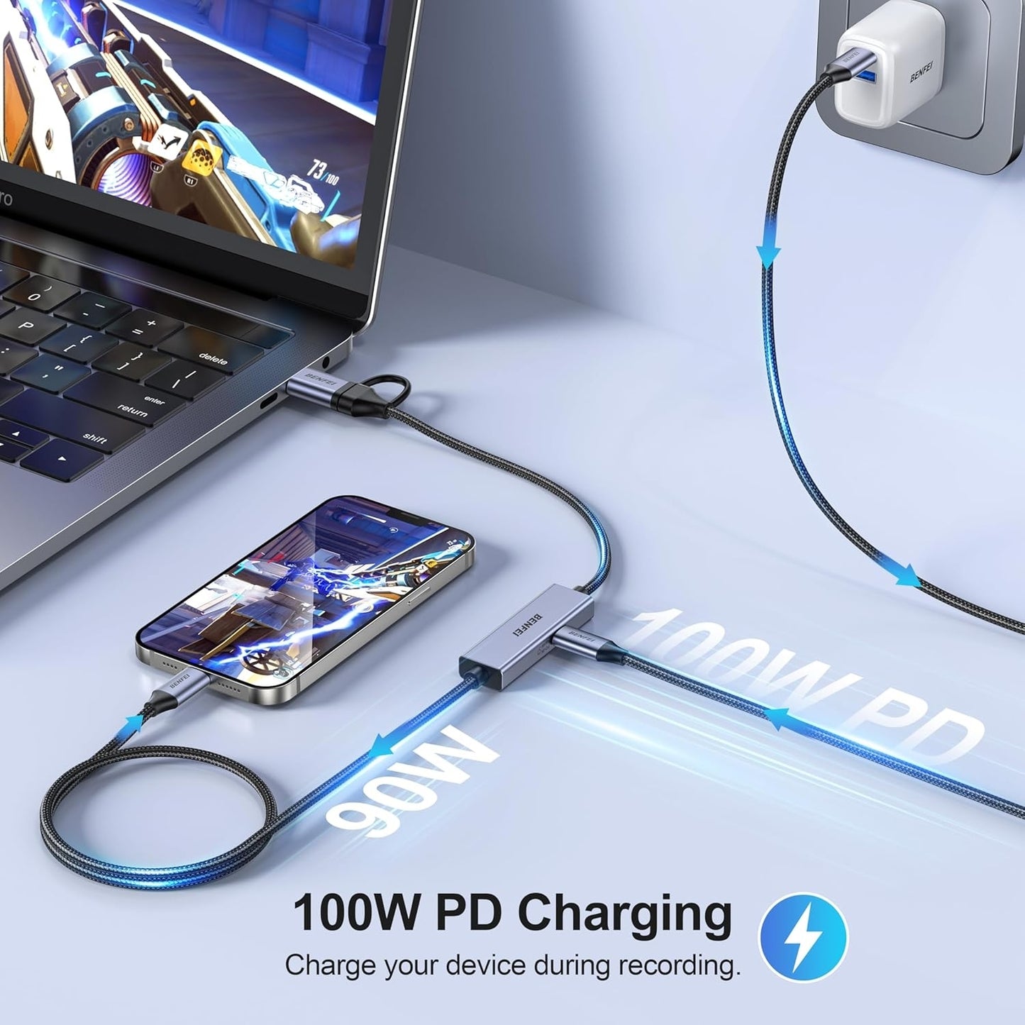 Laptop and smartphone with a USB-C hub connected, showing 100W PD charging on a light gray background.