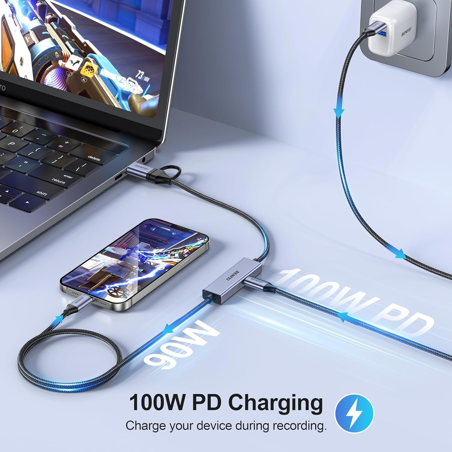 Laptop and smartphone with a USB-C hub connected, showing 100W PD charging on a light gray background.