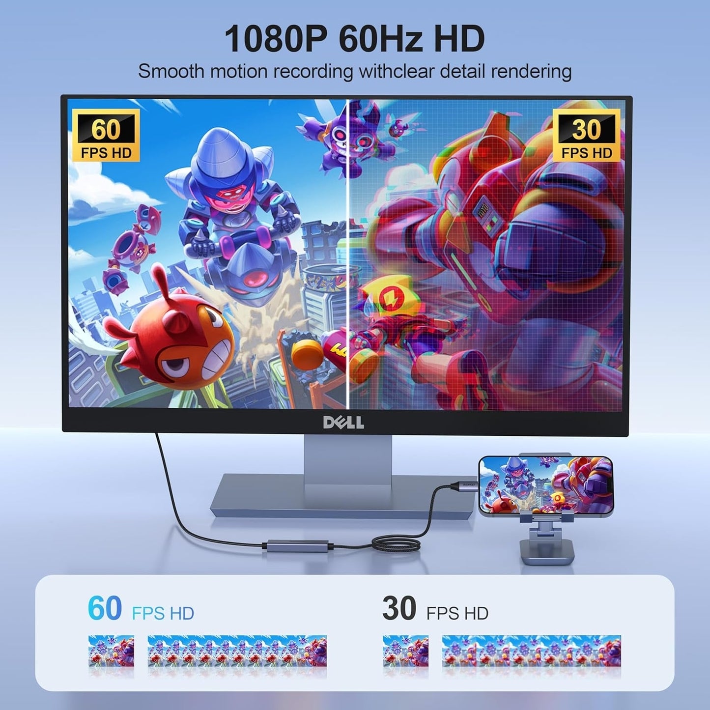 Monitor displaying a gaming scene with 1080P 60Hz HD text and FPS comparison.