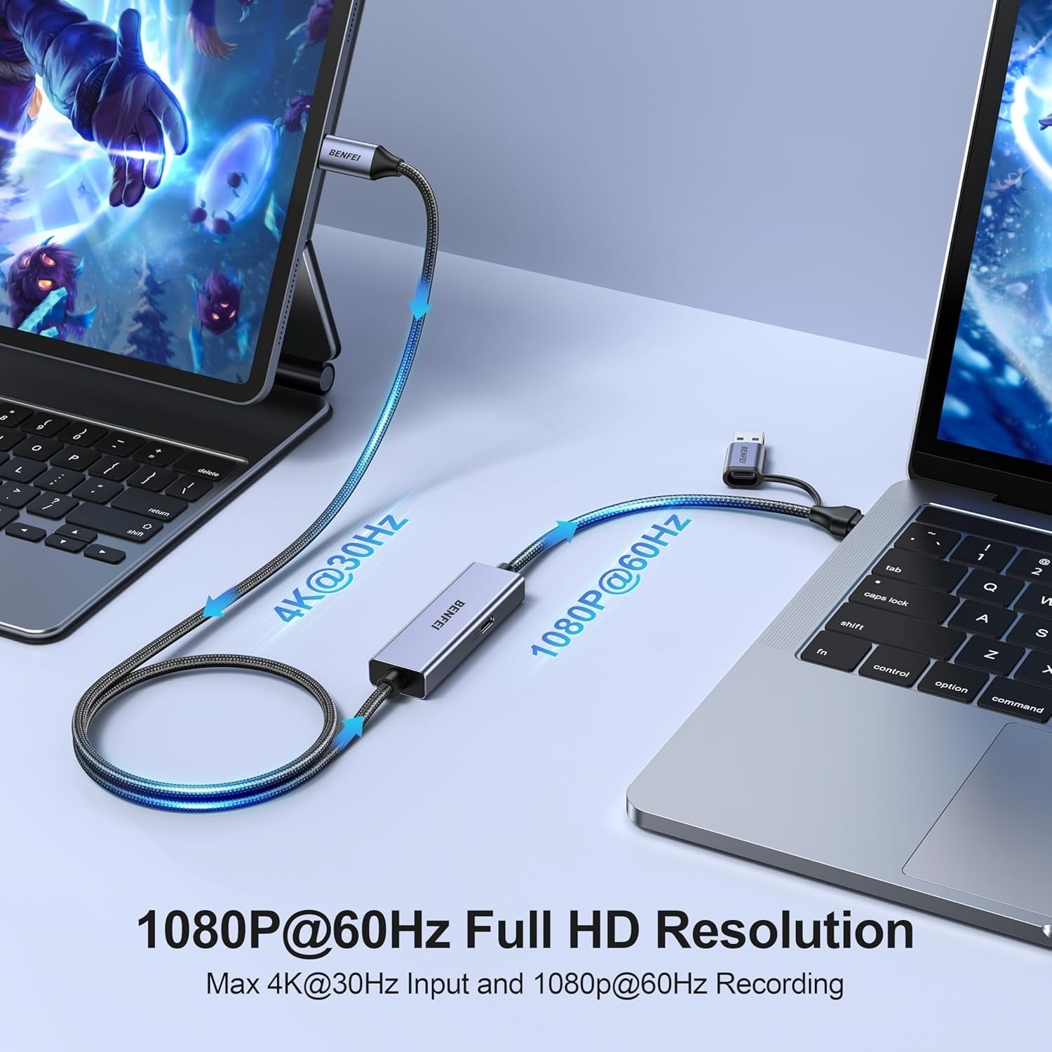 Two laptops connected by a cable with text indicating resolution and frame rate on a light gray background.