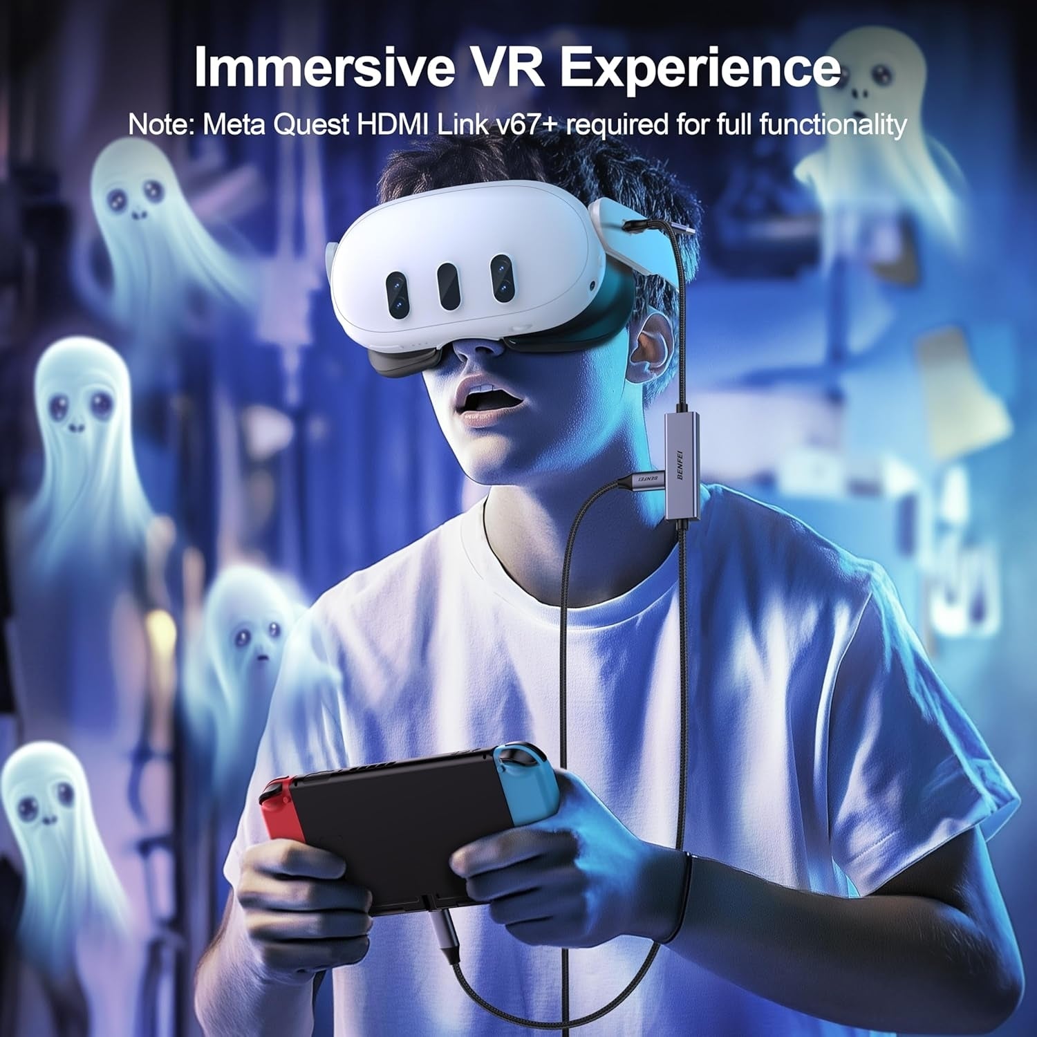 Person wearing a VR headset with a controller, surrounded by ghostly figures, with text about immersive VR experience.