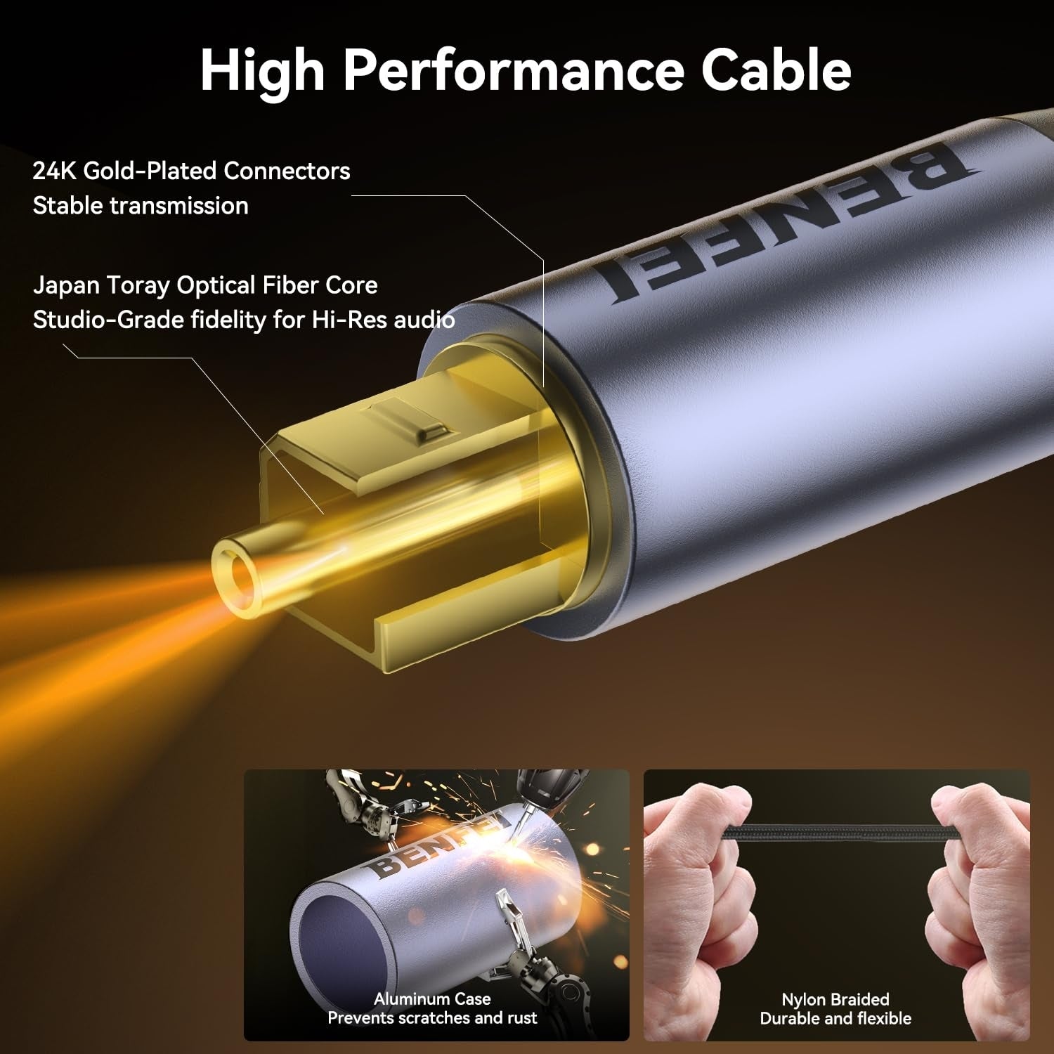 High performance cable with gold connector and BENEL branding on a dark background