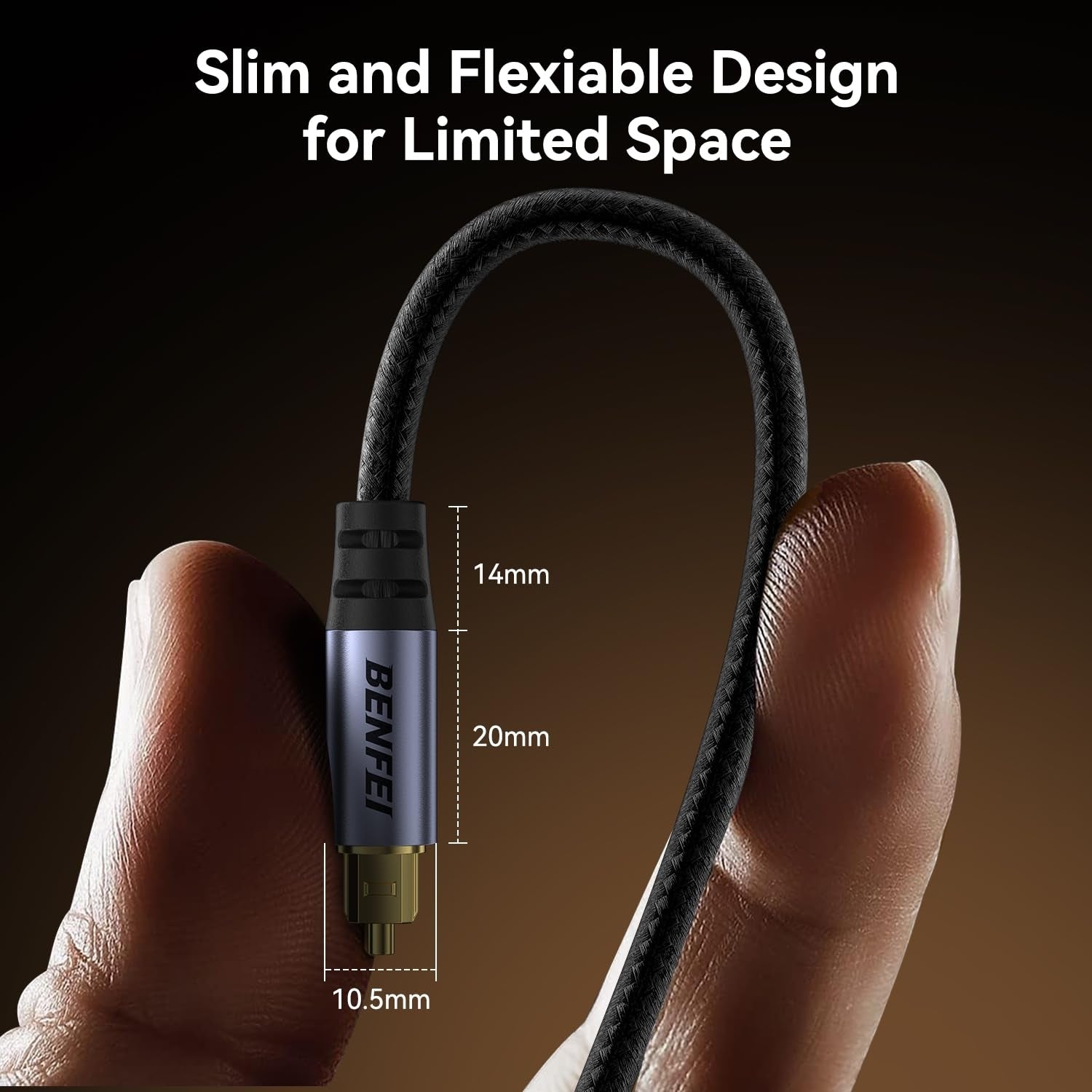 Thin cable held between fingers with BENFEI branding and size measurements on a dark background