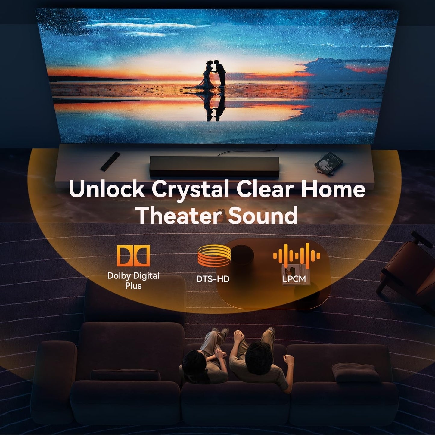 Home theater setup with a TV displaying a sunset scene, surrounded by people enjoying the experience.