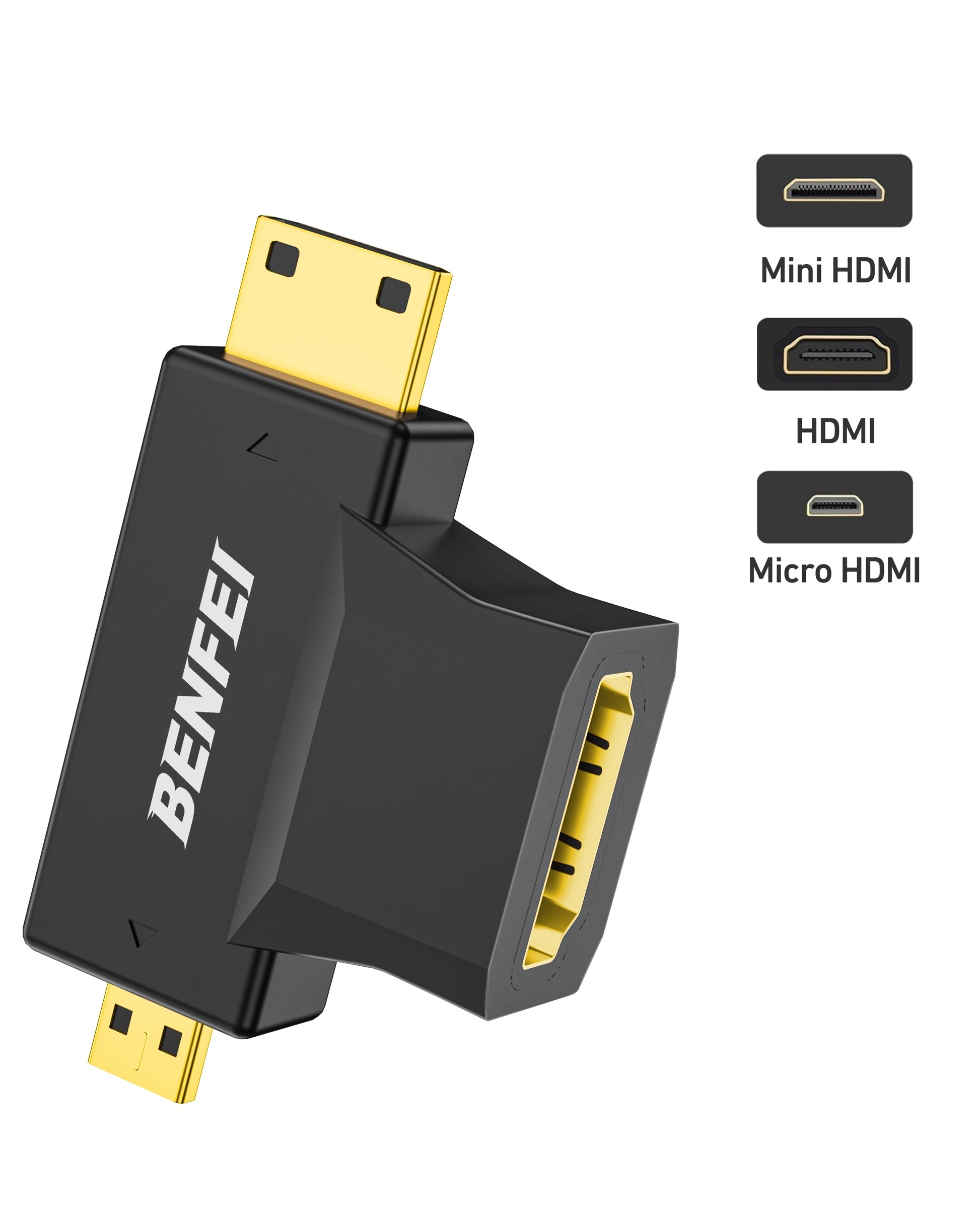 HDMI adapter with gold connectors on a white background, featuring the brand 'BENFEI'.