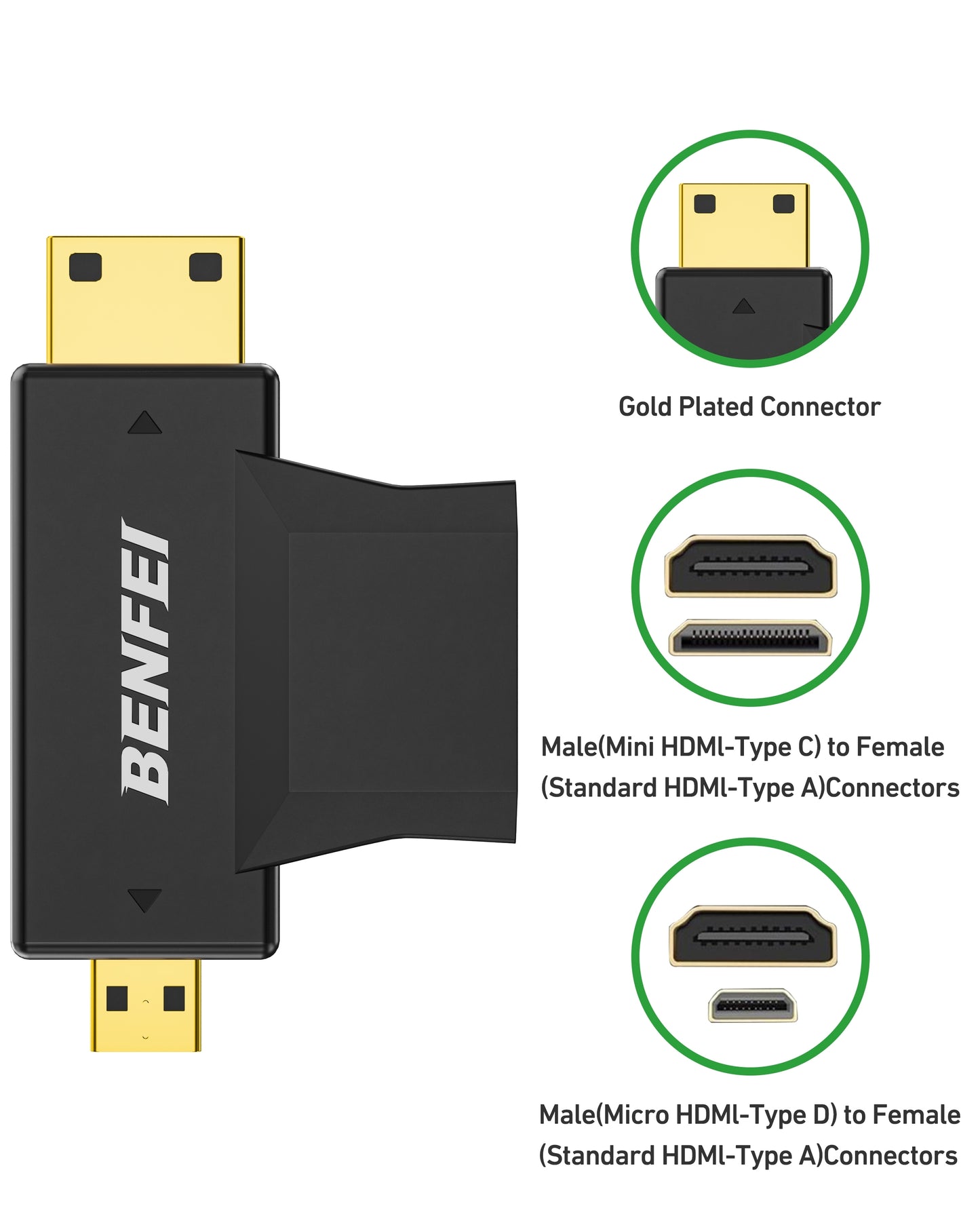 HDMI adapter with gold-plated connector and BENFEI branding on a white background