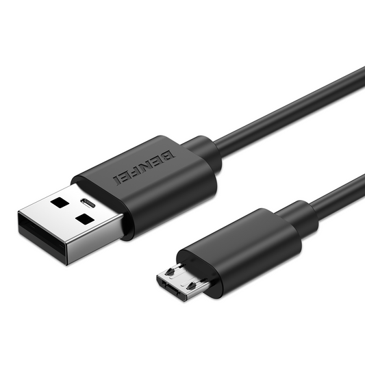 Black USB cable with one end being a standard USB connector and the other an micro-USB connector, on a white background.