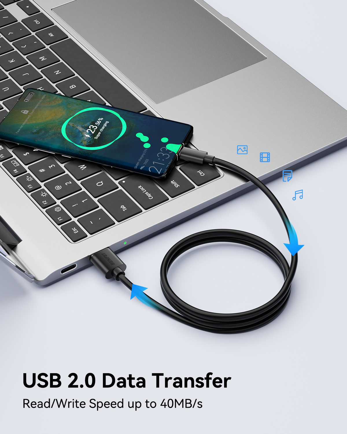 USB cable connecting a smartphone to a laptop with text about USB 2.0 data transfer speed.