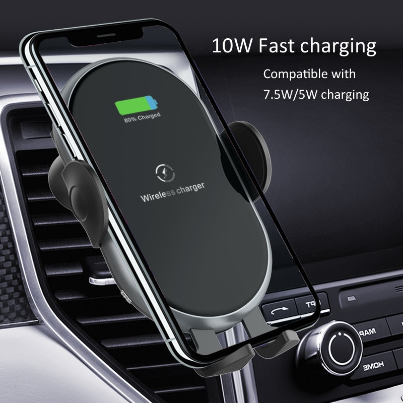 Wireless phone charger in a car dashboard with a smartphone on it, showing charging status.