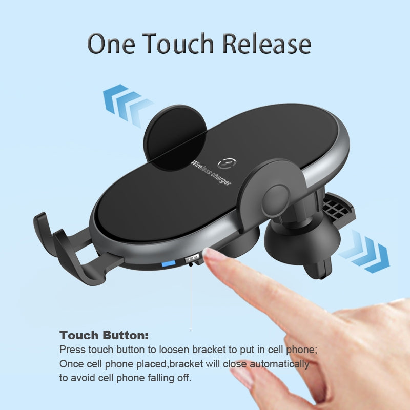 Car phone holder with one touch release feature on a light blue background