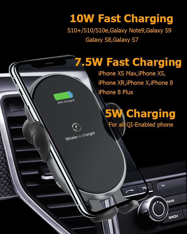 Wireless phone charger in a car dashboard with charging speeds displayed.