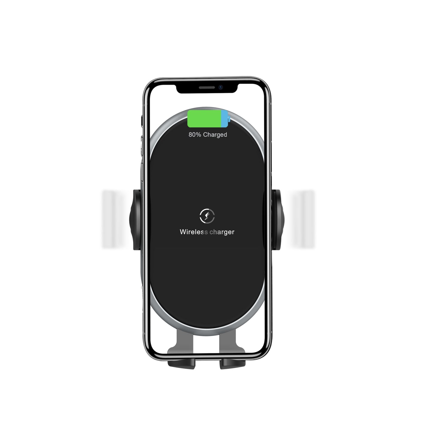 Wireless charger with a clear smartphone on a white background