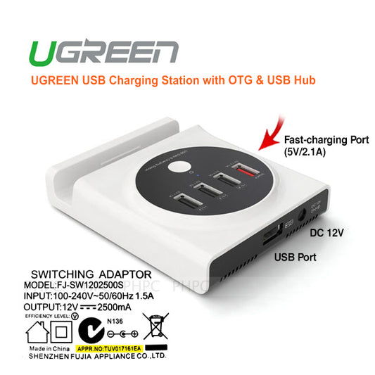 UGREEN USB charging station with OTG & USB hub on a white background