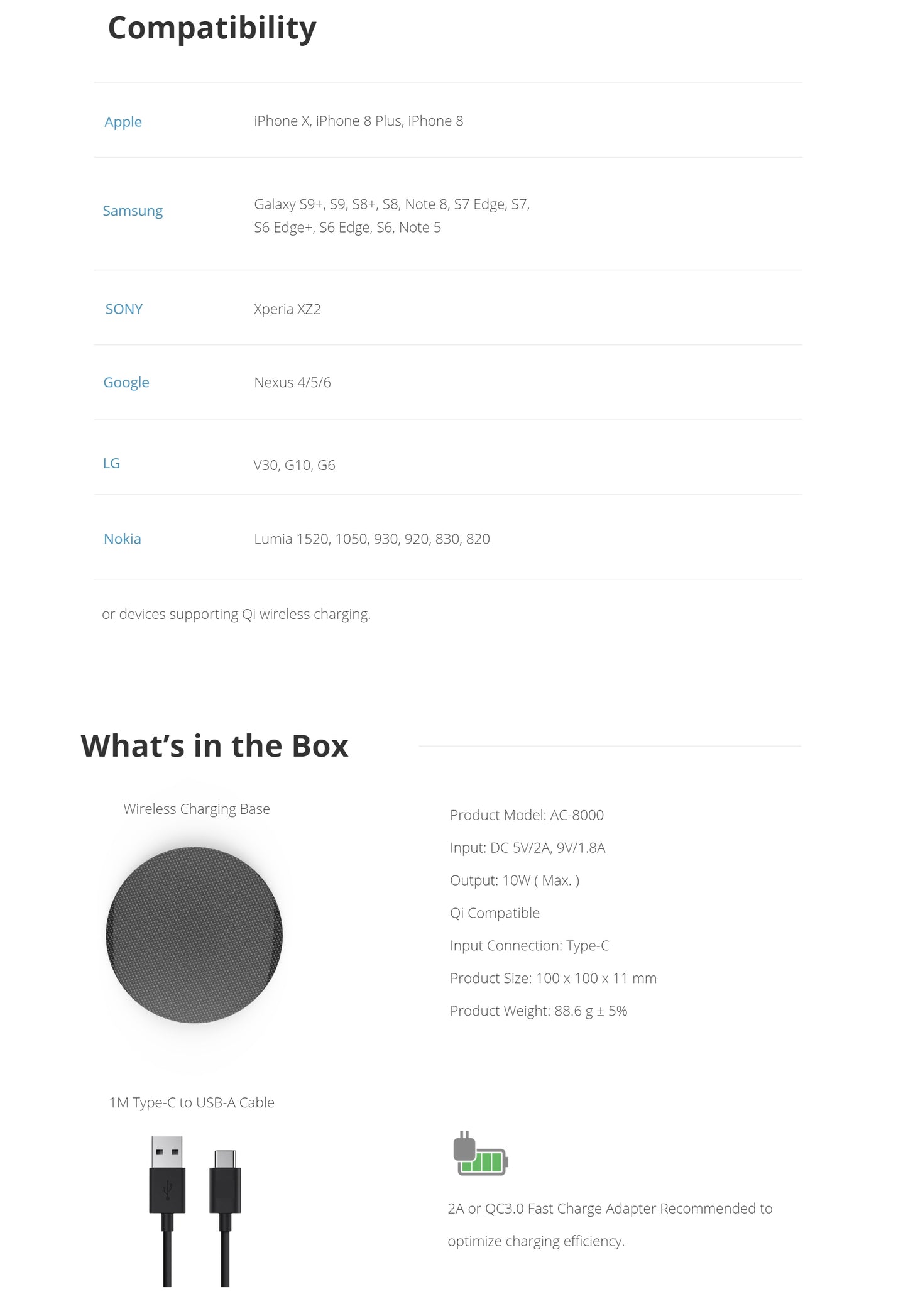 Product compatibility and included items list on a white background
