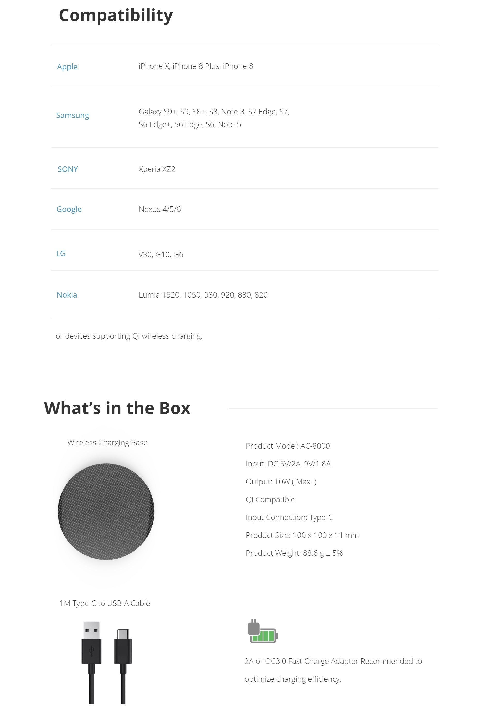 Product compatibility and included items list on a white background