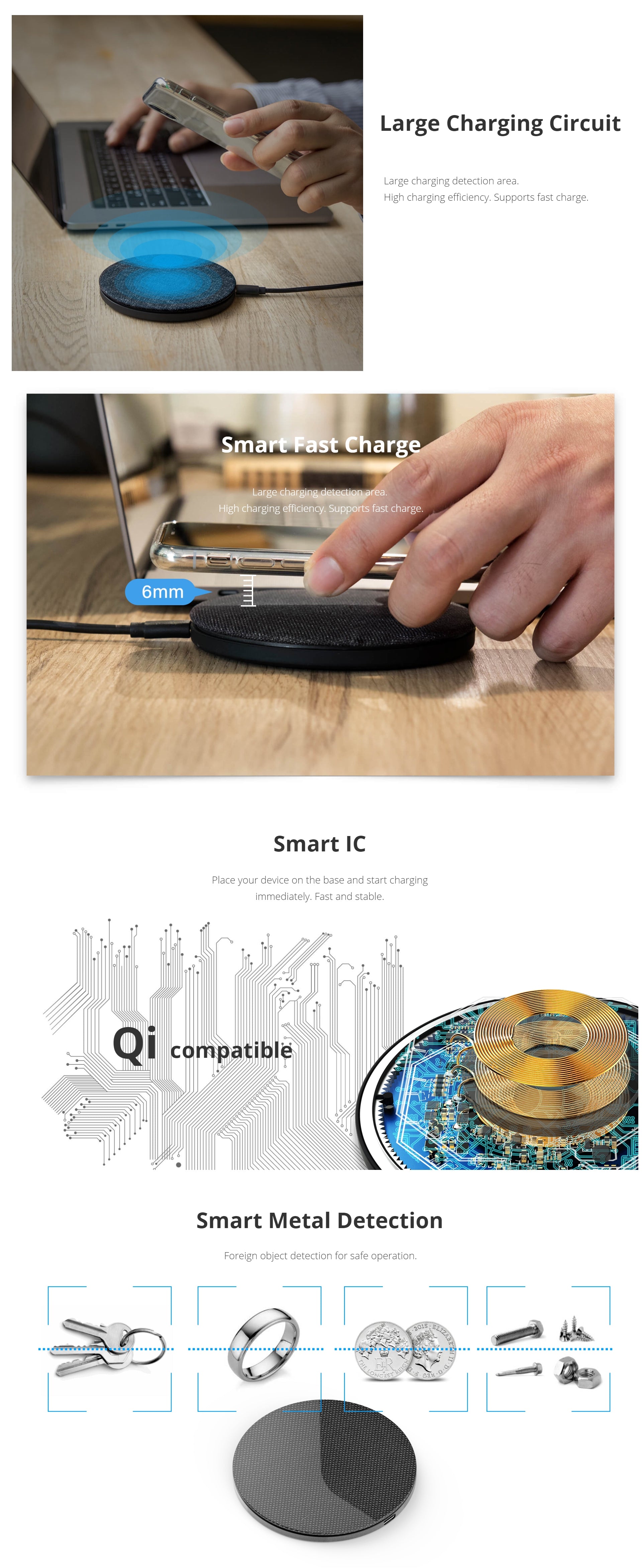 Collage of a wireless charging pad with text highlighting features like charging circuit, smart IC, and metal detection.
