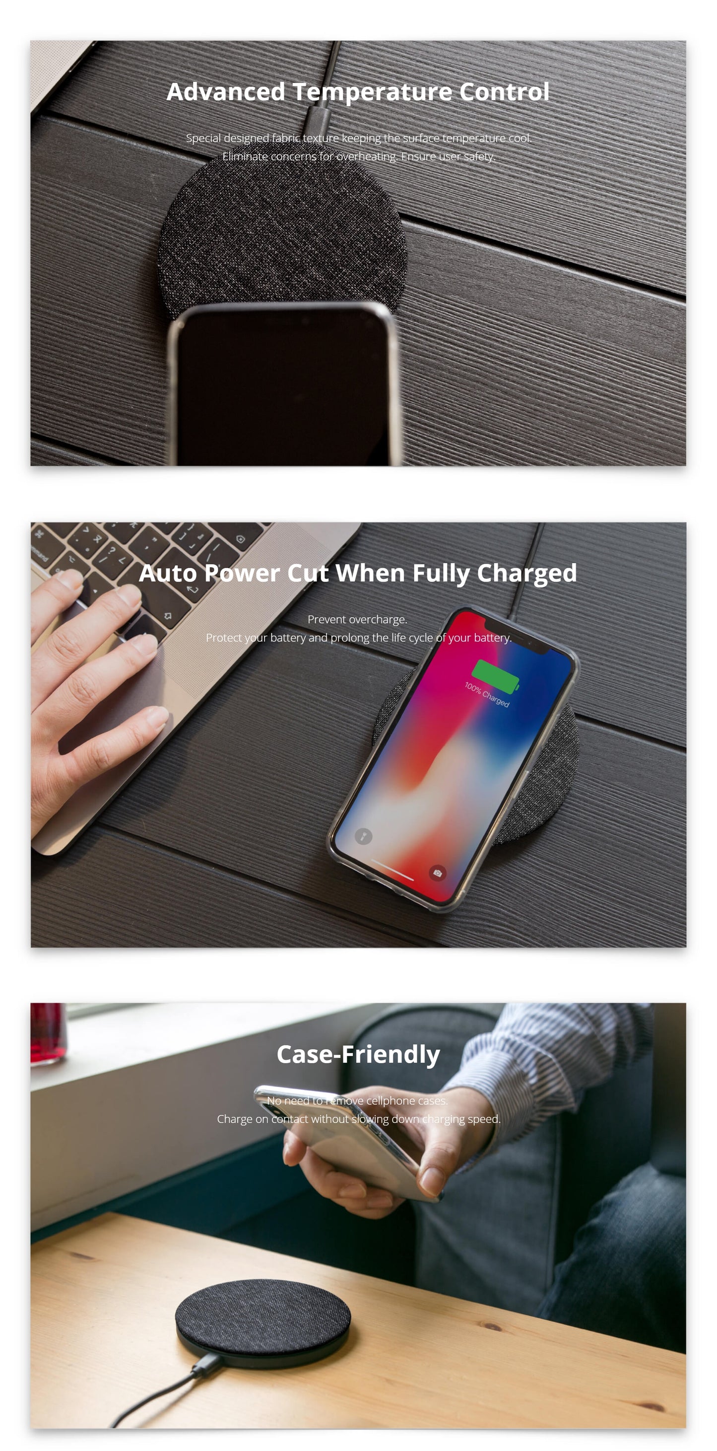 Wireless charger with features highlighted on a gray background