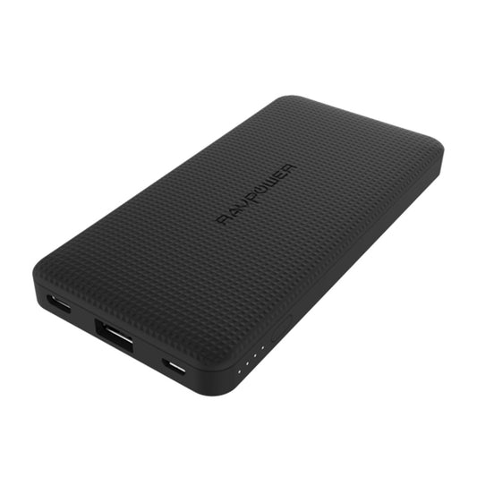 Black power bank with 'RAVPower' branding on a white background