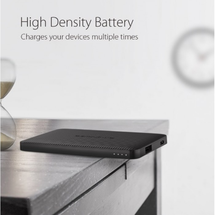 Black high density battery pack on a table with text highlighting its features.