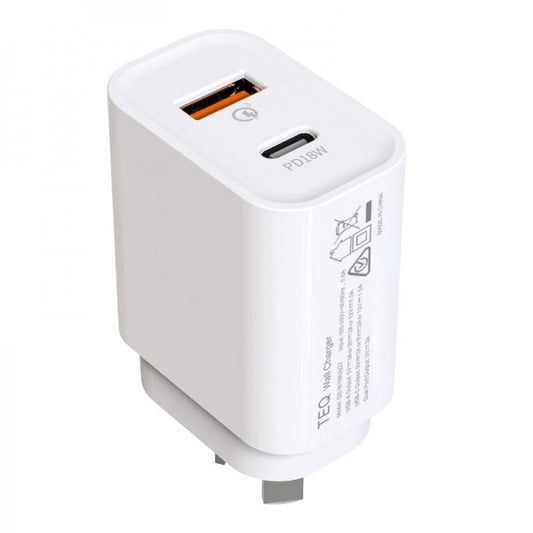 White power adapter with USB and USB-C ports on a white background