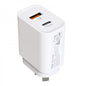 White power adapter with USB and USB-C ports on a white background