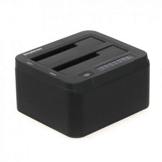 Black external hard drive docking station with SimpleTech branding on a white background