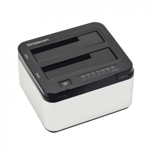 Black and white hard drive docking station with Simplecom branding on a white background