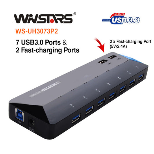 USB hub with 7 USB3.0 ports and 2 fast-charging ports, featuring Winstars branding.