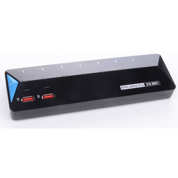 Black USB hub with multiple ports on a white background