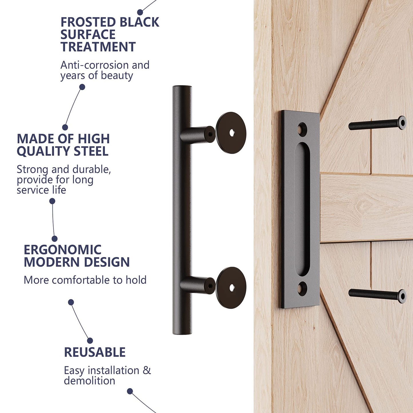 30cm Pull and Flush Barn Door Handle Square Handles set of Frosted Black Surface Round - Image 2