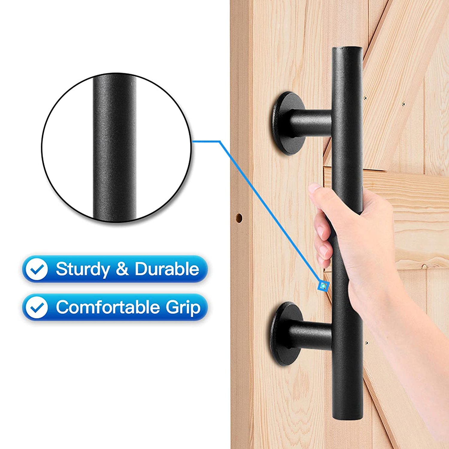 30cm Pull and Flush Barn Door Handle Square Handles set of Frosted Black Surface Round - Image 4
