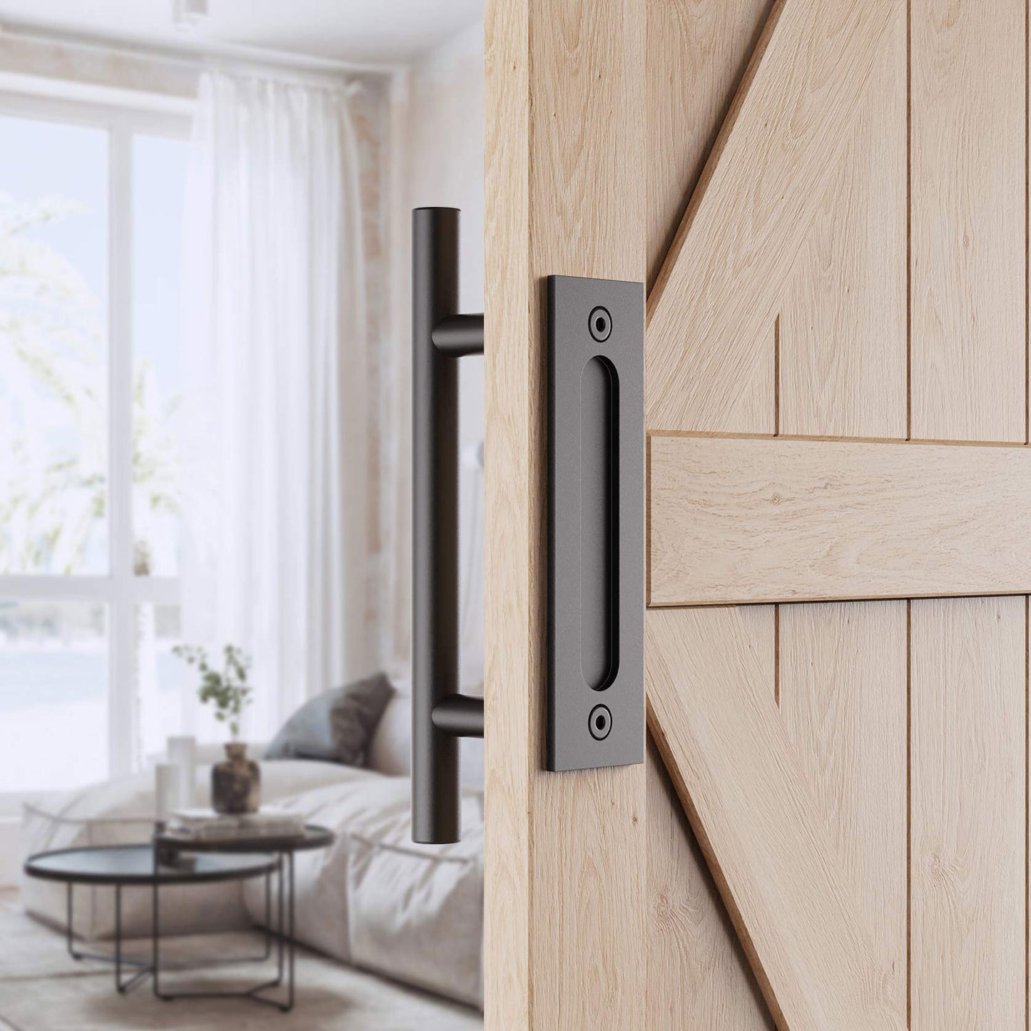 30cm Pull and Flush Barn Door Handle Square Handles set of Frosted Black Surface Round - Image 5