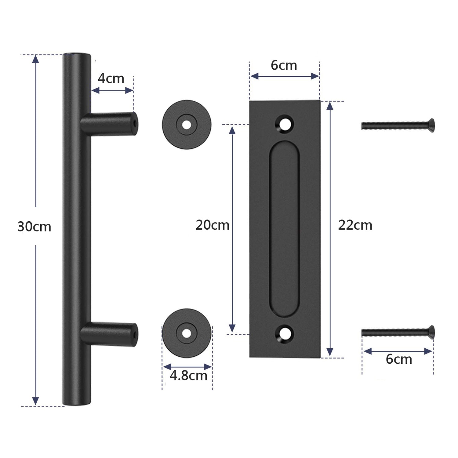30cm Pull and Flush Barn Door Handle Square Handles set of Frosted Black Surface Round - Image 6
