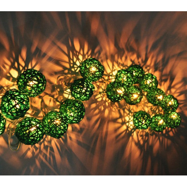 1 Set of Green 5cm Rattan Cane 50 Ball Battery Powered LONG 5m String Lights Christmas Gift Home Wedding Party Bedroom Decora
