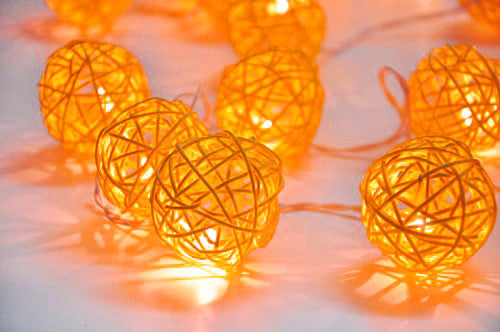 1 Set of Orange 5cm Rattan Cane 20 Ball Battery Powered 3m String Lights Christmas Gift Home Wedding Party Bedroom Decoration