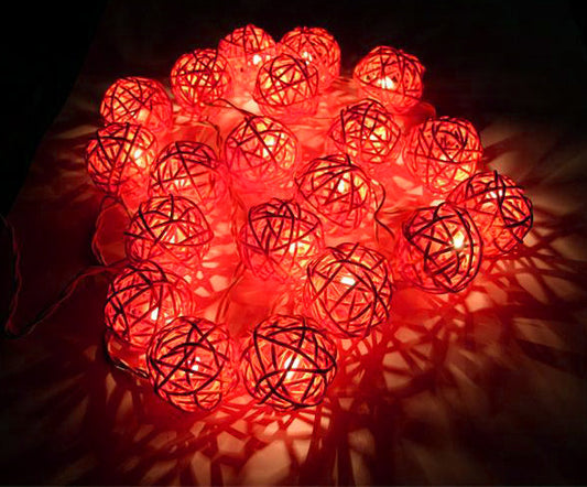 1 Set of Orange 5cm Rattan Cane 50 Ball Battery Powered LONG 5m String Lights Christmas Gift Home Wedding Party Bedroom Decor