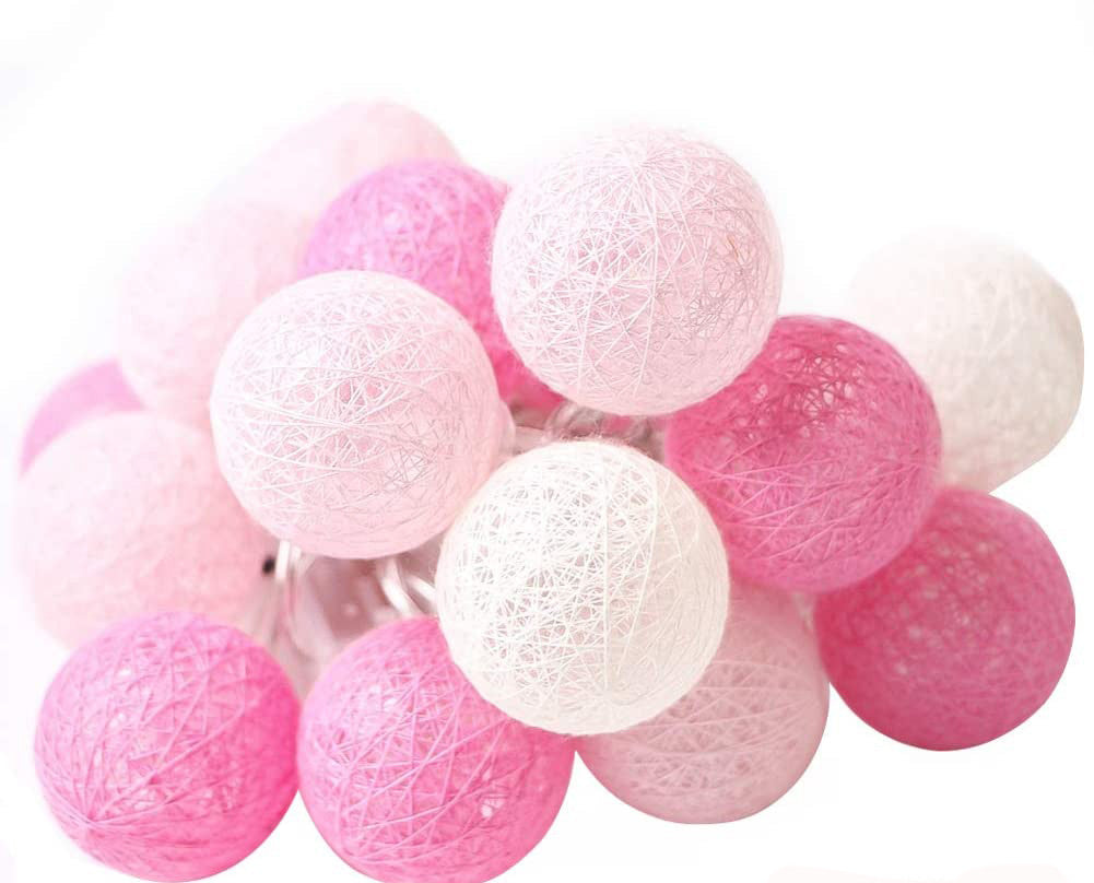 1 Set of 20 LED Pink 5cm Cotton Ball Battery Powered String Lights Christmas Gift Home Wedding Party Girl Bedroom Decoration 
