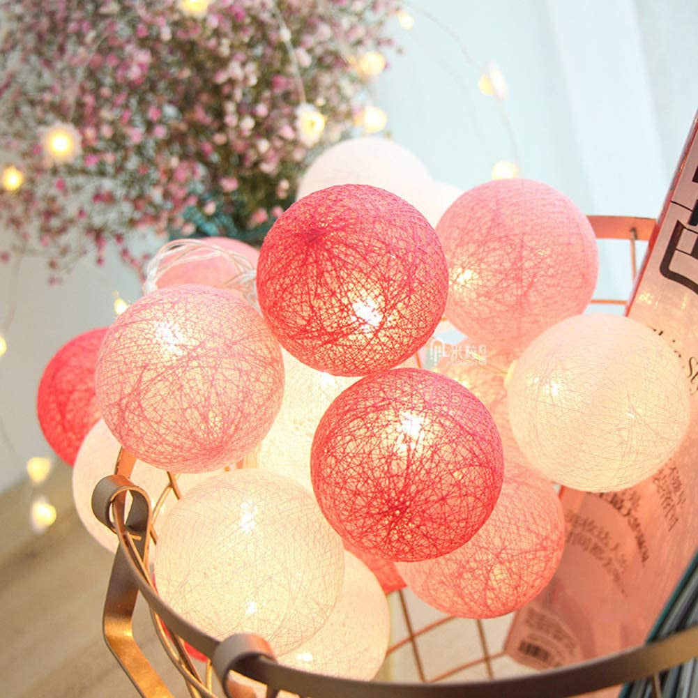 1 Set of 20 LED Pink 5cm Cotton Ball Battery Powered String Lights Christmas Gift Home Wedding Party Girl Bedroom Decoration 
