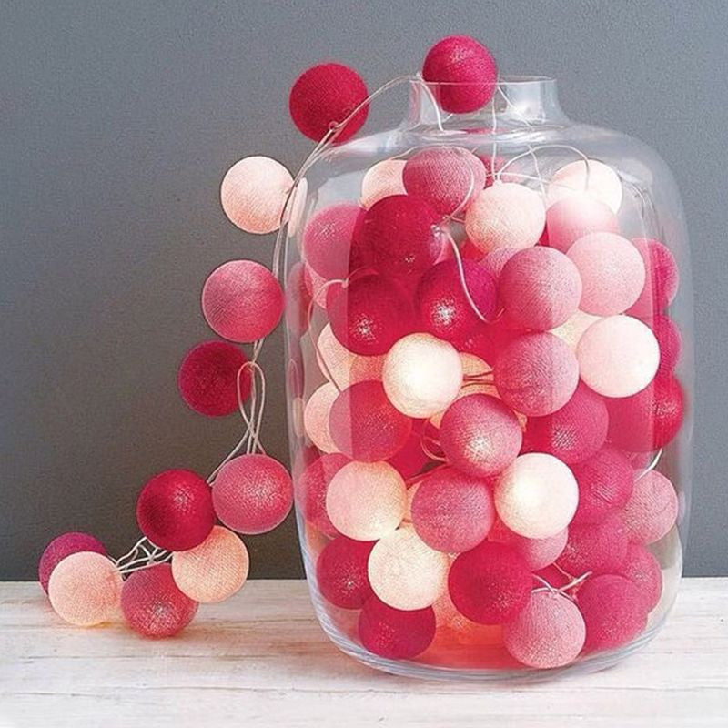 1 Set of 20 LED Pink 5cm Cotton Ball Battery Powered String Lights Christmas Gift Home Wedding Party Girl Bedroom Decoration 