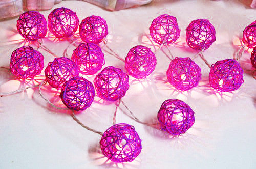 1 Set of Pink 5cm Rattan Cane 50 Ball Battery Powered LONG 5m String Lights Christmas Gift Home Wedding Party Bedroom Decorat