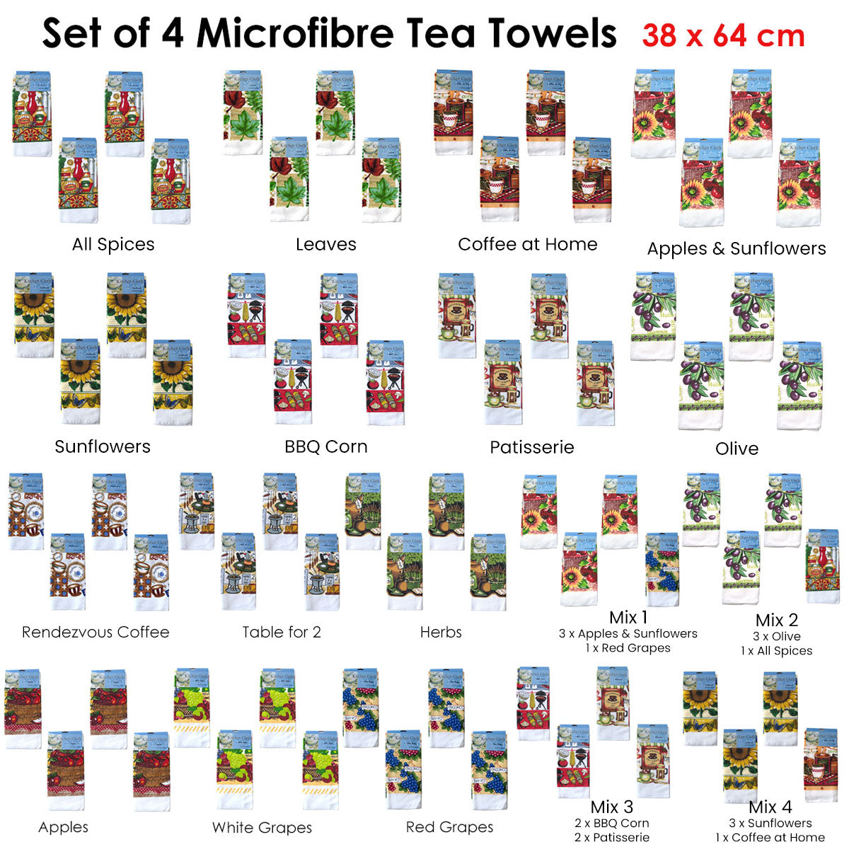 Set of 4 Microfibre Printed Tea Towels All Spices