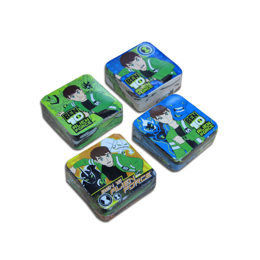 Four small rectangular containers with 'Ben 10 Alien Force' design on a white background