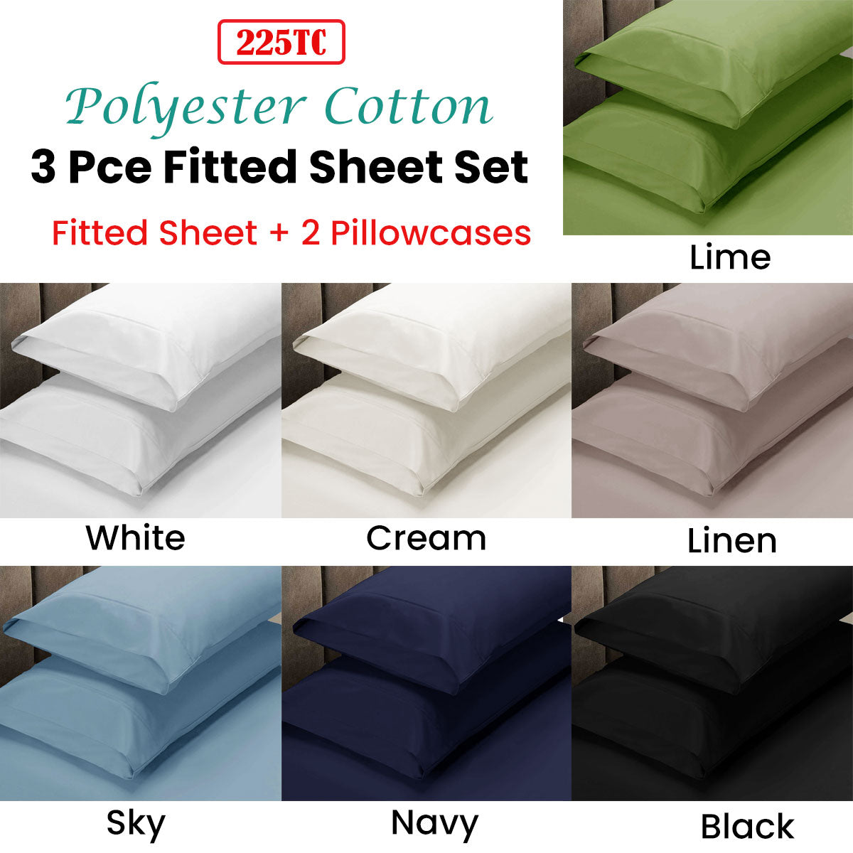 3-piece fitted sheet set with pillowcases in various colors on a wooden background.