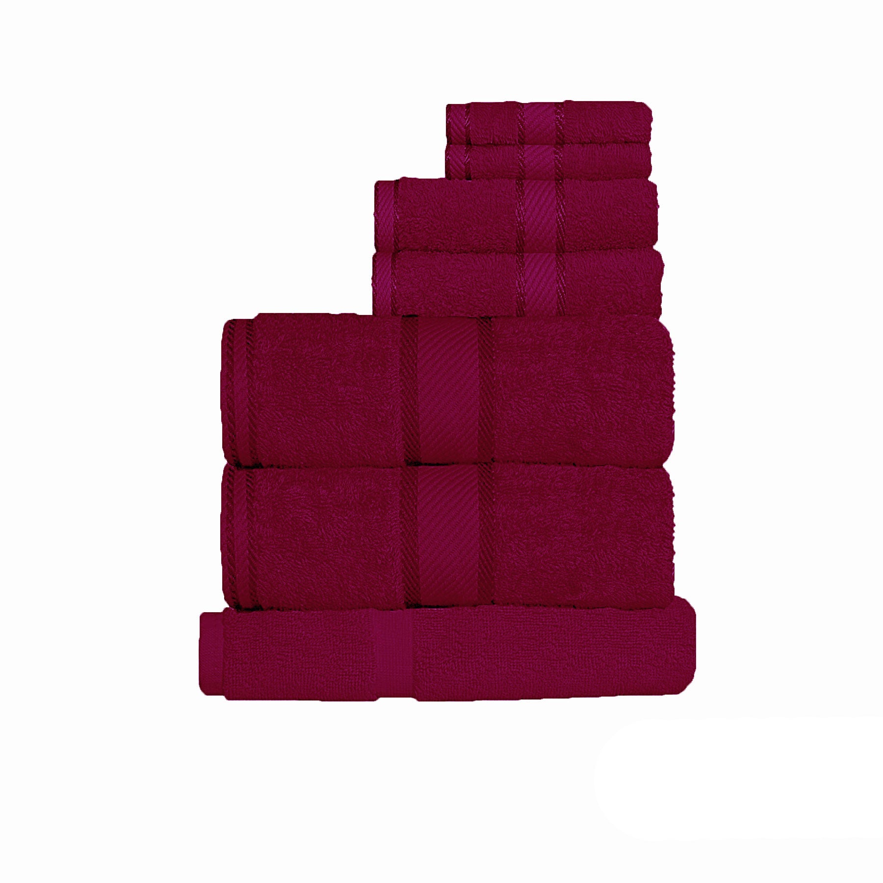 Set of burgundy towels stacked on a white background