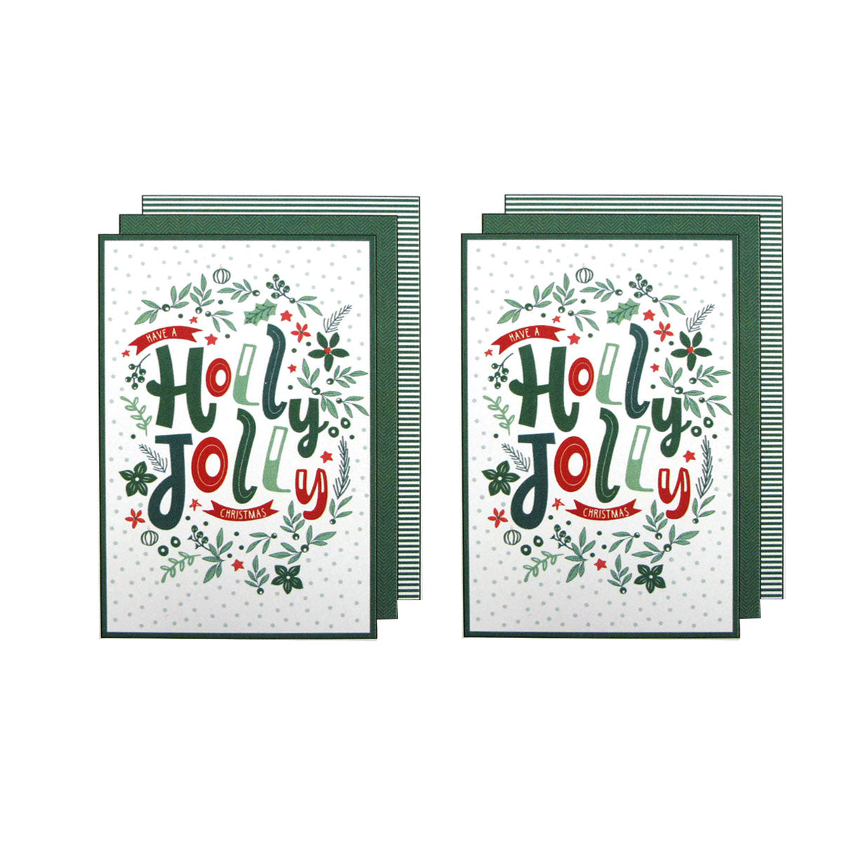Two 'Holly Jolly' Christmas tea towels  on a white background