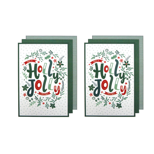 Two 'Holly Jolly' Christmas tea towels  on a white background