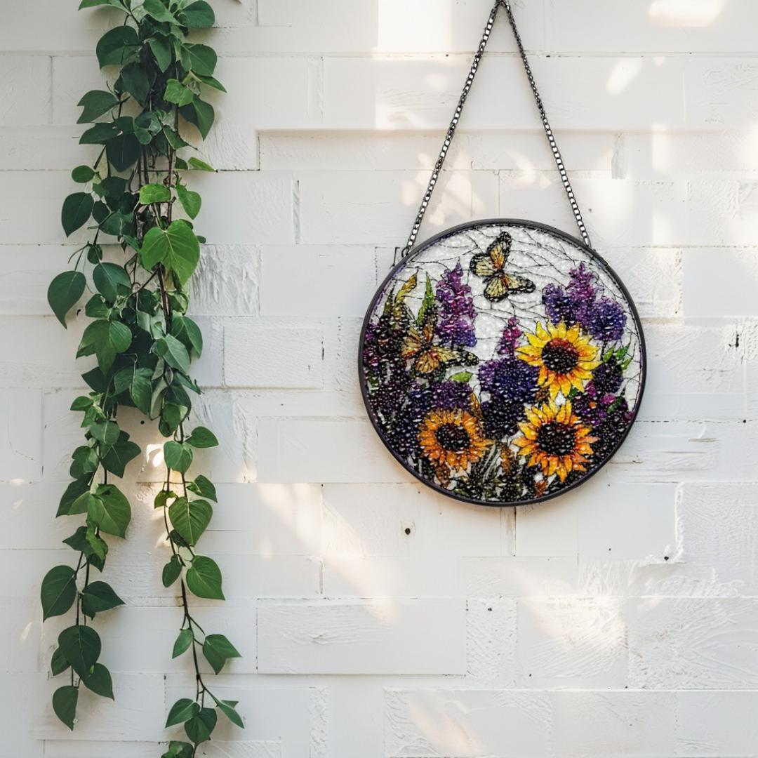 Flowers + Butterflies Stained Glass Sun Catcher 35cm
