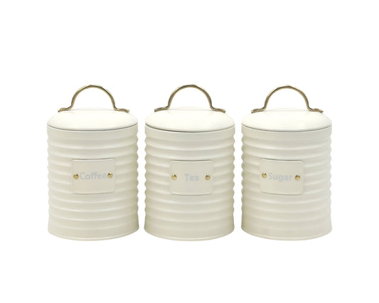 Set 3 Corrugated Metal Coffee Tea Sugar Storage Tins 10x17cm