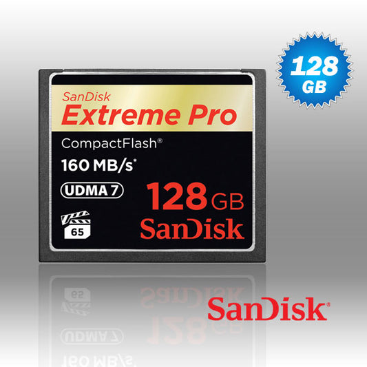 SanDisk Extreme Pro 128GB CompactFlash card on a reflective surface with a gray background