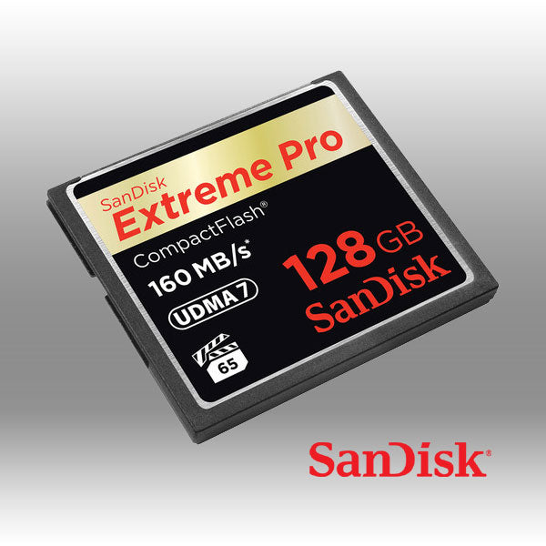 SanDisk Extreme Pro CompactFlash card on a gray background